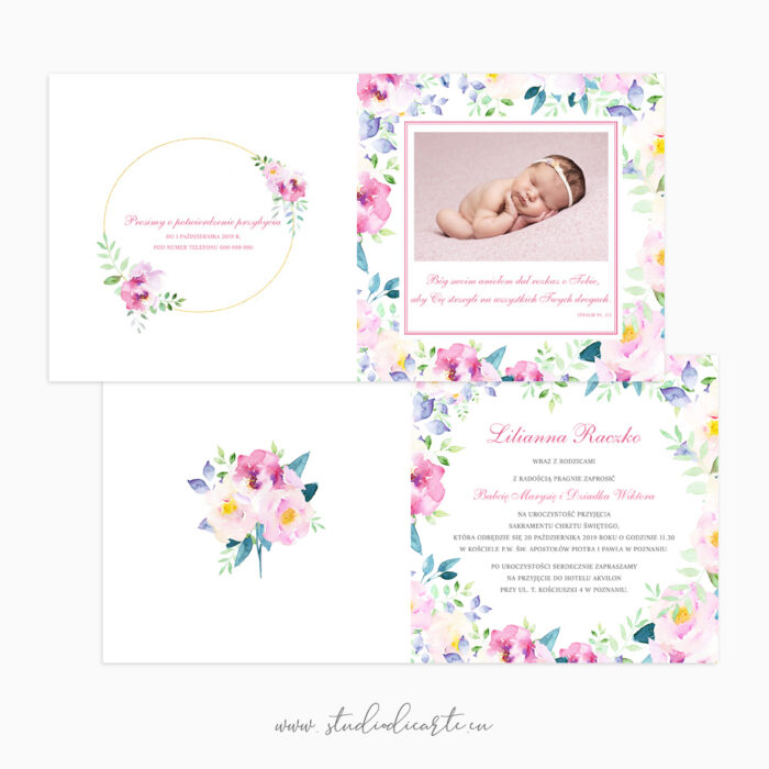 Zaproszenia na chrzest ze zdjęciem dziecka i motywem pięknych kwiatów malowanych akwarelami - karta składana