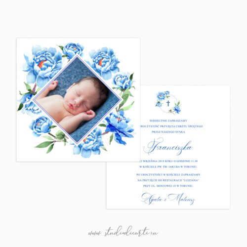 eleganckie zaproszenia na chrzest ze zdjęciem dziecka i niebieskimi kwiatami - karta dwustronna 14 x 14 cm