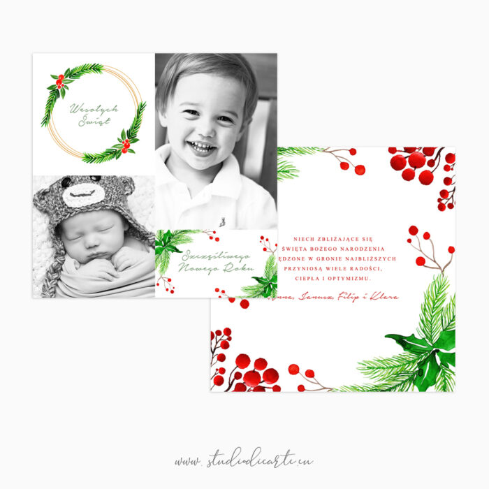 Karty świąteczne z Twoimi zdjęciami i bożonarodzeniowymi motywami roślinnymi