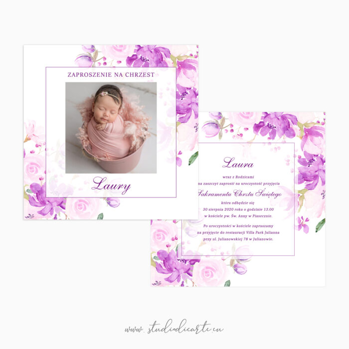 kwiatowe zaproszenia na chrzest ze zdjęciem dziecka - karta dwustronna 14 x 14 cm