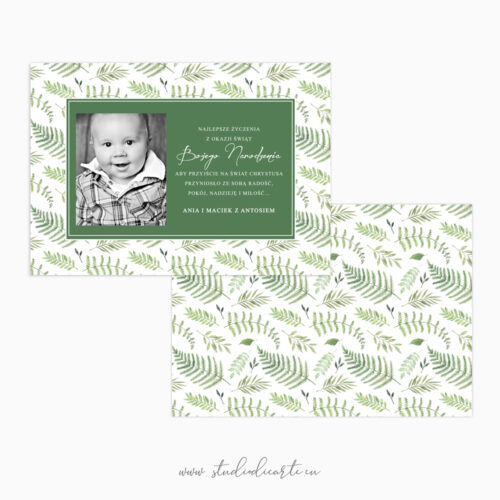 piękne kartki świąteczne ze zdjęciem i spersonalizowanymi życzenia na święta Bożego Narodzenia motyw zielonych liści paproci malowanych akwarelami