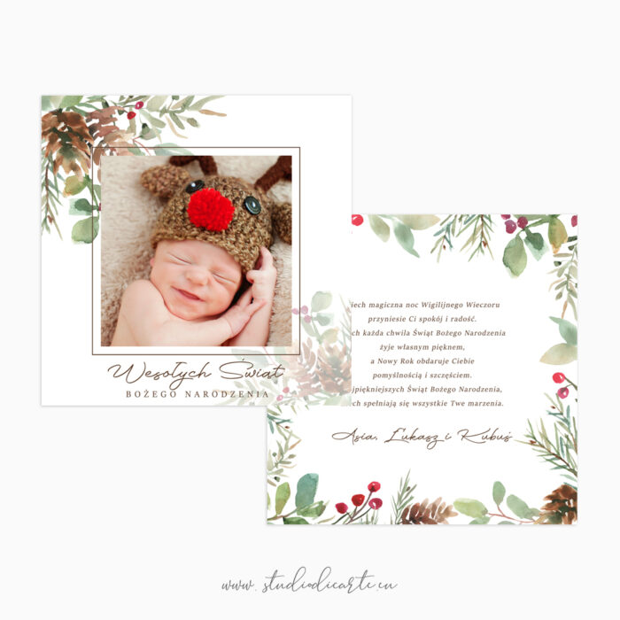 Karta świąteczna ze zdjęciem i motywem gałązek świerkowych oraz szyszek