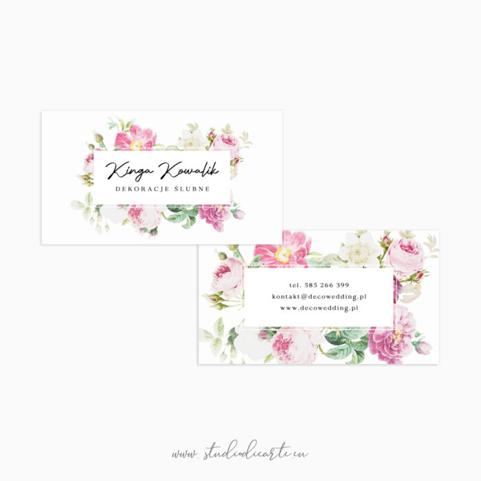 wizytówki dla dekoratorki ślubnej z motywem pięknych kwiatów