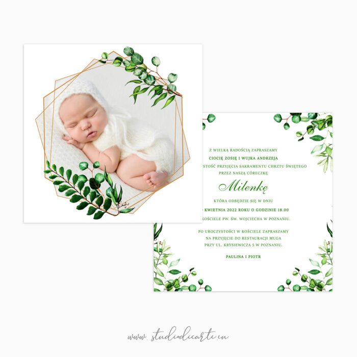 Subtelne i eleganckie zaproszenia na chrzest ze zdjęciem dziecka i kompozycjami z zielonych listków