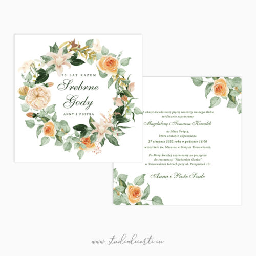 Eleganckie zaproszenia na rocznicę ślubu_wianek z kwiatów z dominacją koloru pomarańczowego i zieleni