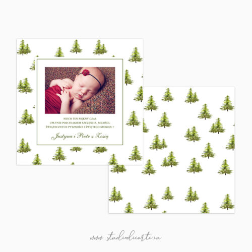 Kartki świąteczne ze zdjęciem i spersonalizowanymi życzeniami na święta Bożego Narodzenia z motywem choinek malowanych akwarelami.