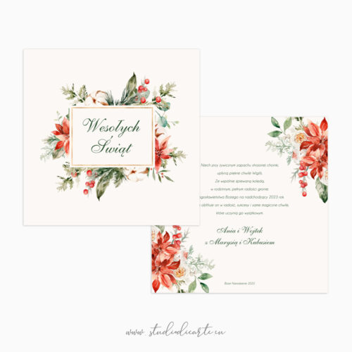 Wyjątkowe kartki świąteczne z personalizowanymi życzeniami i piękną świąteczną kompozycją roślinną malowaną akwarelami