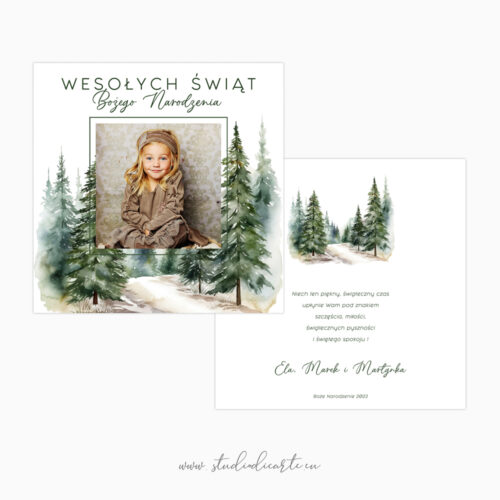 Kartki Świąteczne na Boże Narodzenie z Twoim zdjęciem i zimowym krajobrazem lasu malowanym akwarelami
