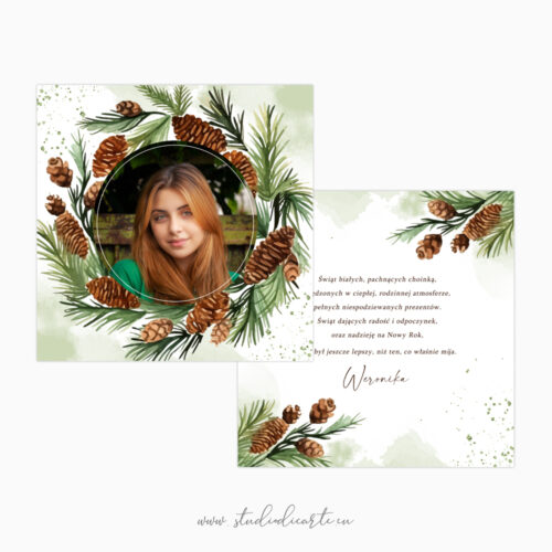 Kartki Świąteczne ze zdjęciem i pięknym świerkowym wiankiem ręcznie malowanym