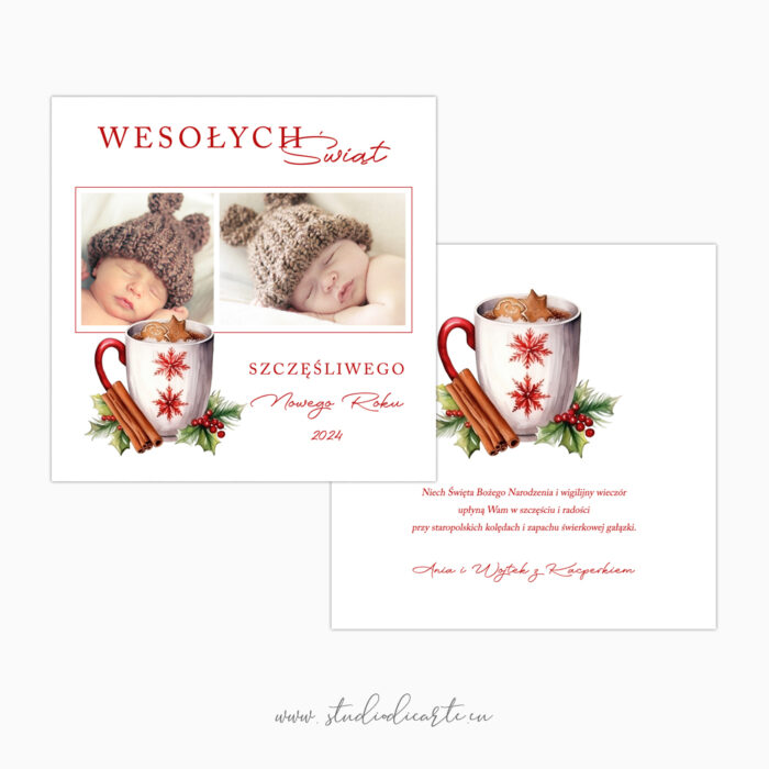 Kartki Świąteczne na Boże Narodzenie z Twoimi zdjęciami i akwarelą świątecznego kubka gorącej czekolady