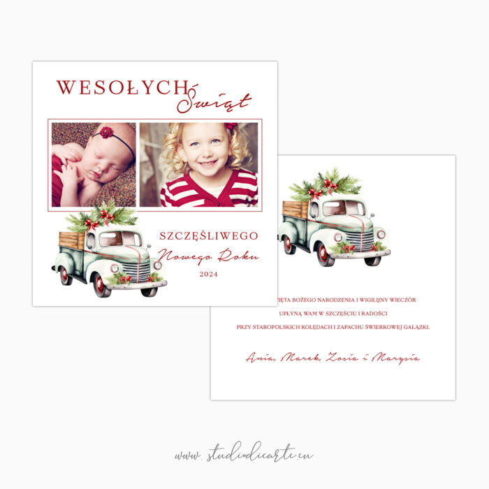 Kartki Świąteczne na Boże Narodzenie z Twoimi zdjęciami i akwarelą świątecznej ciężarówki