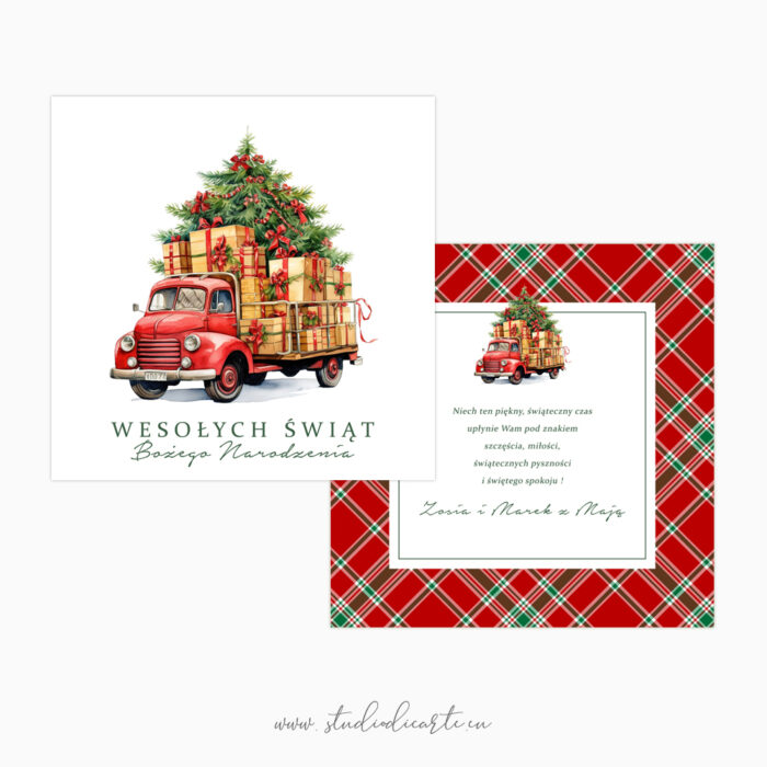 Kartki Świąteczne na Boże Narodzenie ze świąteczną ciężarówką pełną prezentów